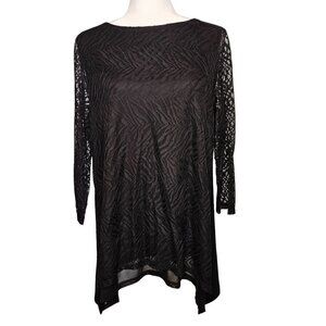 CHICO'S Travelers Large 2 Whimsigoth Black Lace Asymmetrical Hem LS Tunic Top